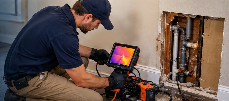 Leak detection professional using diagnostic equipment in a residential property